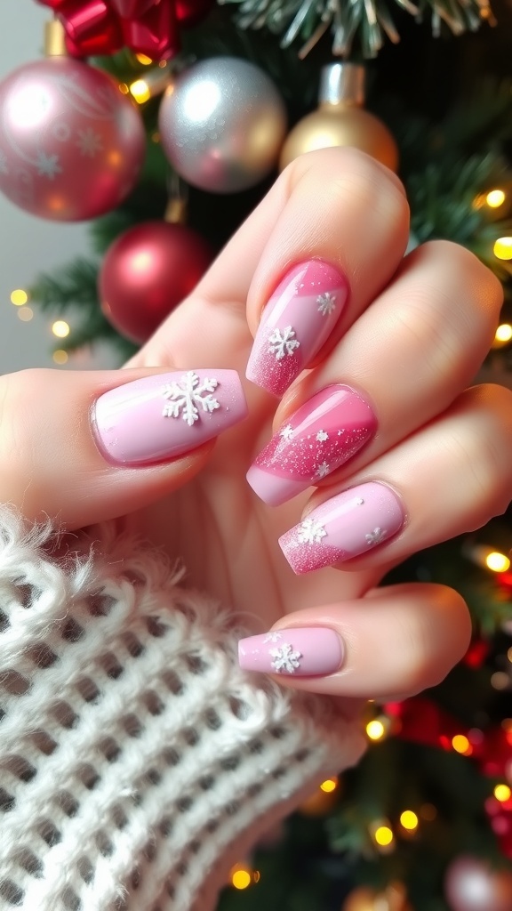 Pink Christmas nails with glitter and white snowflake designs, set against a festive holiday background.